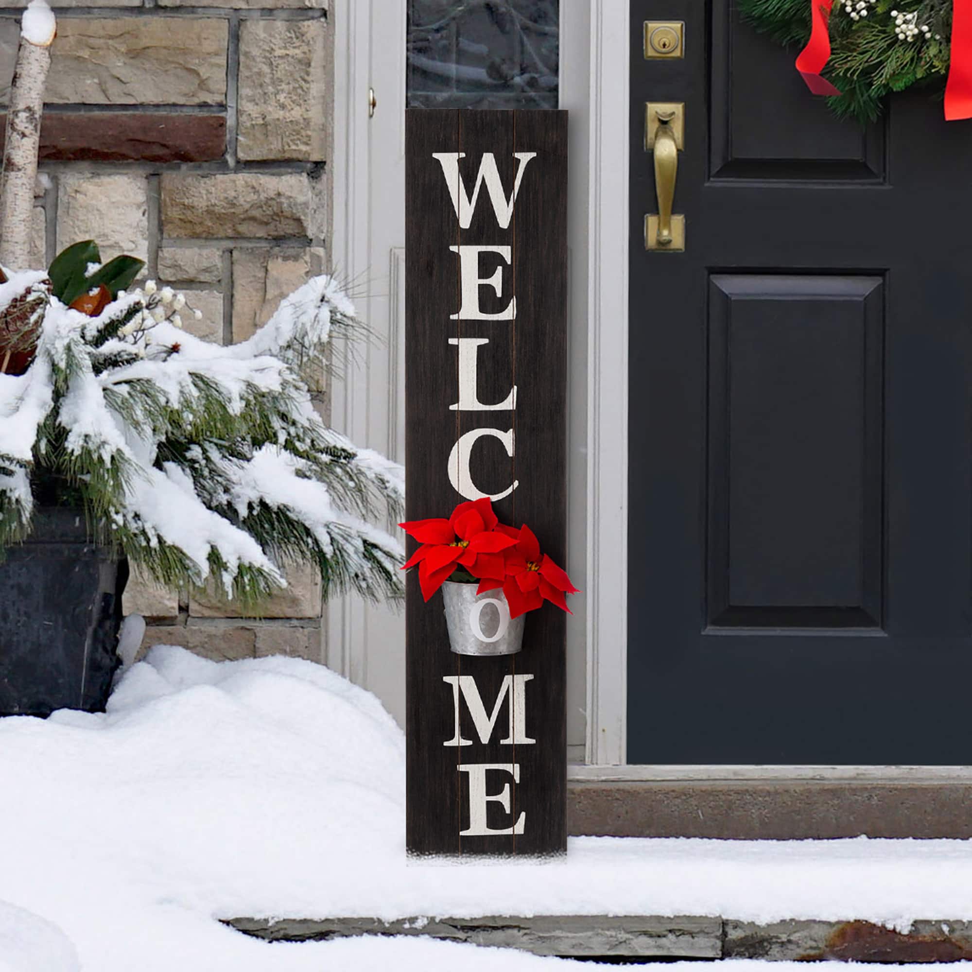 Glitzhome® 42" Wooden Black Welcome Porch Sign with Metal Planter